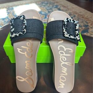 Sam Edelman Ariane Slide Sandals in Black Weave w Tortoise Shell Buckle - Size 8